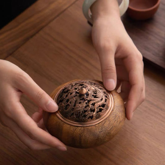 Walnut Incense Burner – Dragon & Phoenix Lid