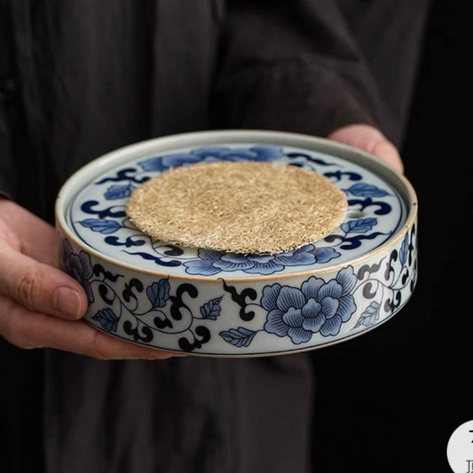 Blue and White Lotus Vine Tea Tray with Water Reservoir