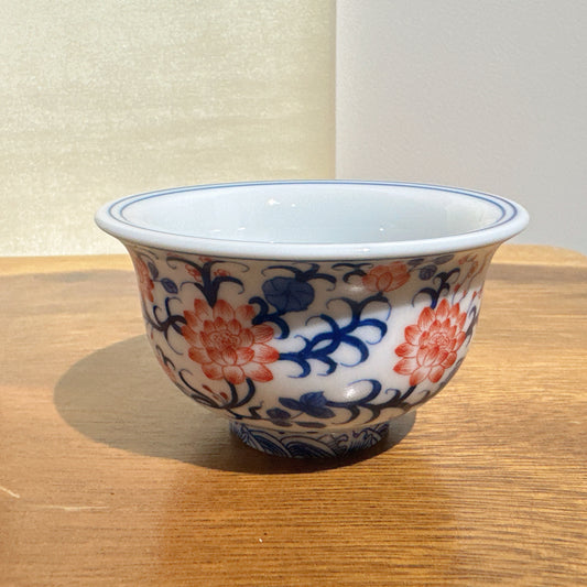 Blue-and-White with Underglaze Red Master Cup · Red Lotus &amp; Vines · 150ml